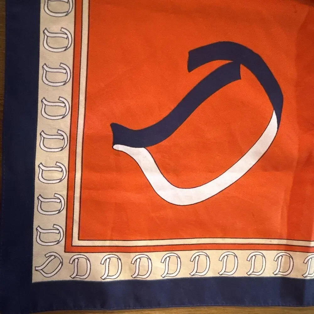 Women's Orange Blue White Silk Satin Square Scarf Logo Border Pattern equestrian